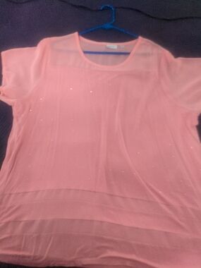 Avenue Coral Pink Short-Sleeve Blouse with Subtle Sparkle